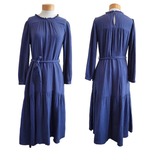 Xirena Chelsea Faith Tiered Gauze 100% Cotton Maxi Dress Belted Cornsilk Blue XS - Picture 1 of 6